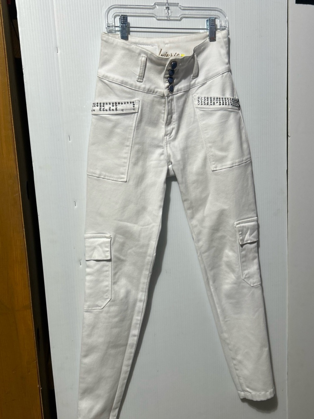 Girls' White High-Waist Cargo Jeans with Stud Trim